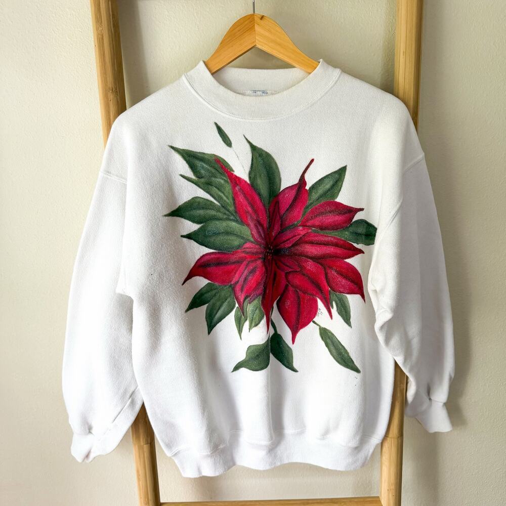 Vintage Pannill USA  Women’s Sweatshirt Large White Poinsettia Graphic Crewneck